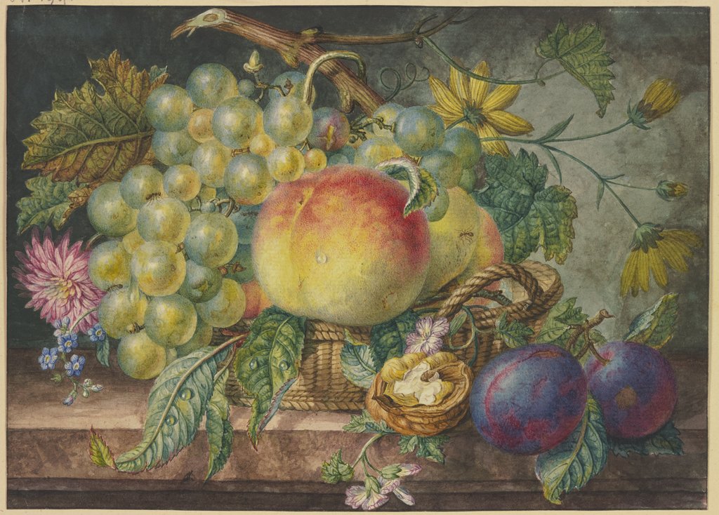Fruchtstück, ein Korb mit Trauben und Pfirsichen, dabei eine Nuss und zwei Pflaumen, Oswald Wijnen