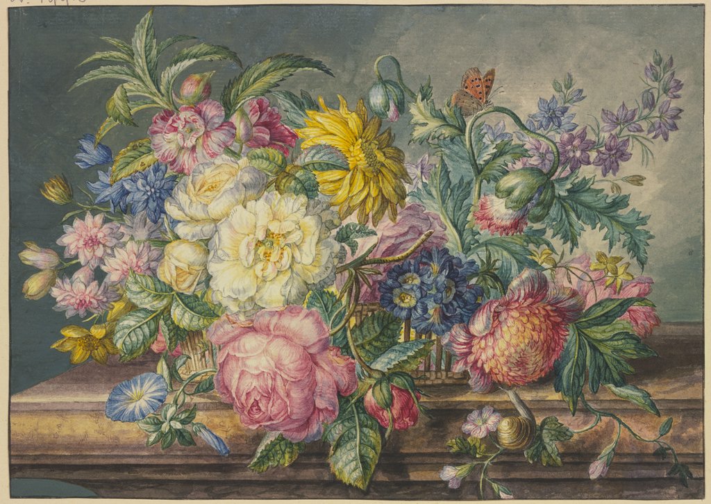 Blumenstrauß in einem Korb, dabei eine Schnecke und ein Schmetterling, Oswald Wijnen