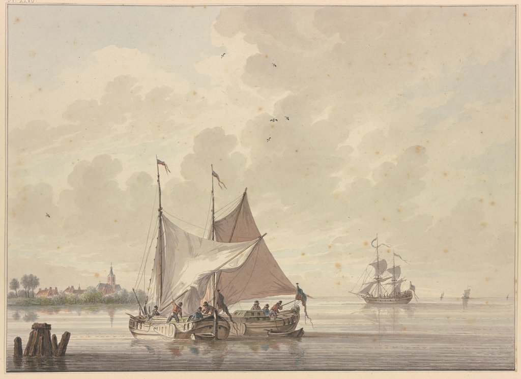 Zwei Schiffe liegen nebeneinander, auf dem einen wird das Segel aufgezogen, im Hintergrund vier andere, links im Gebüsch ein Dorf, Nicolaas Wicart