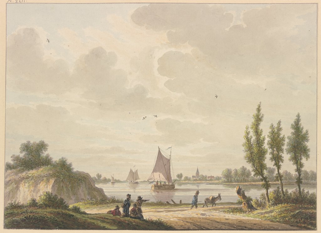 Auf einem Fluss segeln drei Barken, vorne auf dem Weg ein Mann mit einem Esel, weiter links vier Figuren, Nicolaas Wicart