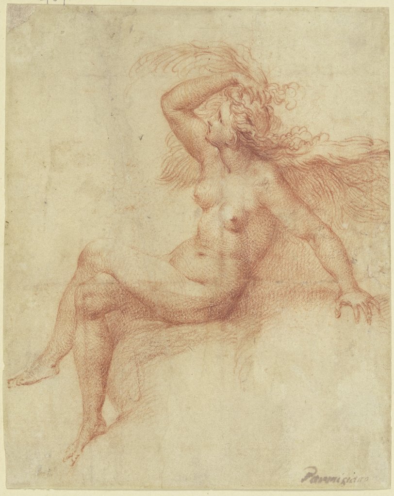 Sitzender weiblicher Akt nach links, geflügelt, Oliver;   ?, Isaac Oliver;   ?, after Parmigianino