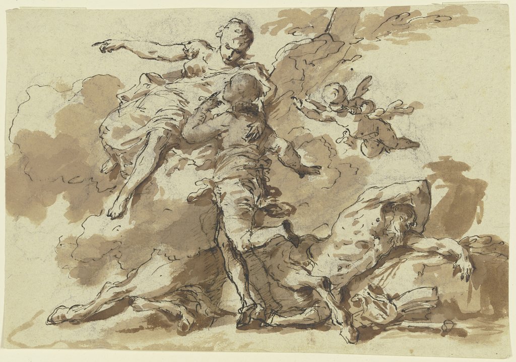 Eine weibliche Gestalt (Venus?) führt in Begleitung eines Amorknaben einen Jüngling von einem schlafenden Kentaur (Cheiron?) fort, der diesem Musikunterricht erteilt hat, Italian, 18th century
