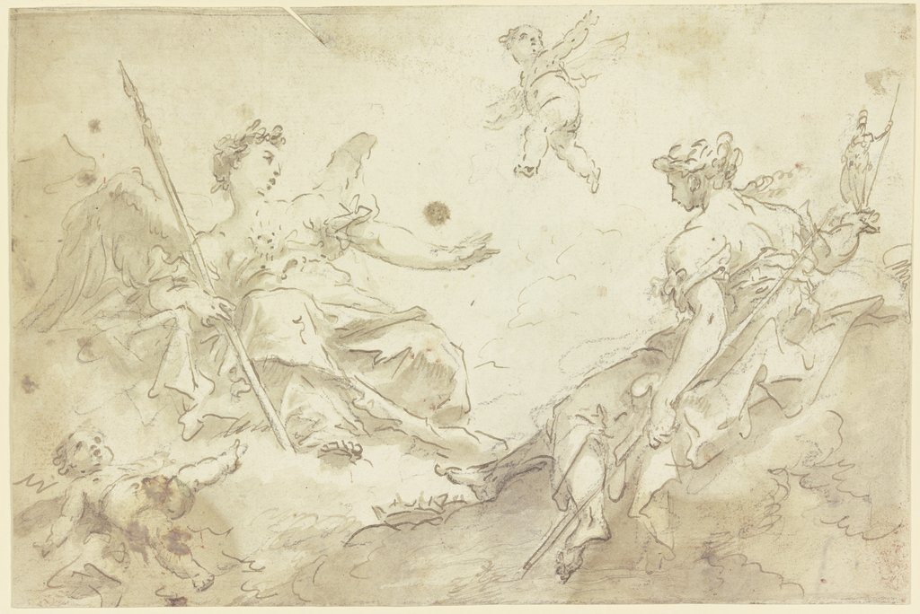 Zwei allegorische Frauenfiguren mit Putten auf Wolken (Virtù und Nobilità), Gaspare Diziani