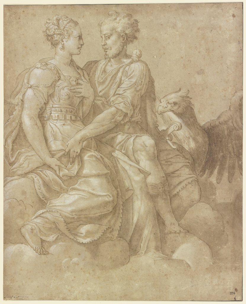 Jupiter und Juno einander anblickend, mit dem Adler auf Wolken sitzend, Giulio Romano;   ?