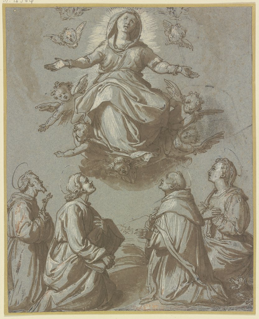 Maria in einer Engelsgloriole, darunter vier kniende Heilige, Ventura Salimbeni;   ?