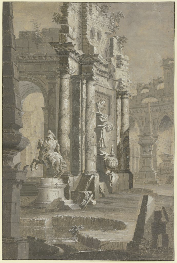 Reiterstandbild inmitten einer antiken Ruinenlandschaft, Giovanni Paolo Pannini;   ?