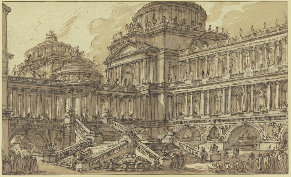 Großartiges Gebäude mit Kuppel, Säulenhallen und vielen Treppen und Figuren, Giovanni Battista Piranesi;   ?