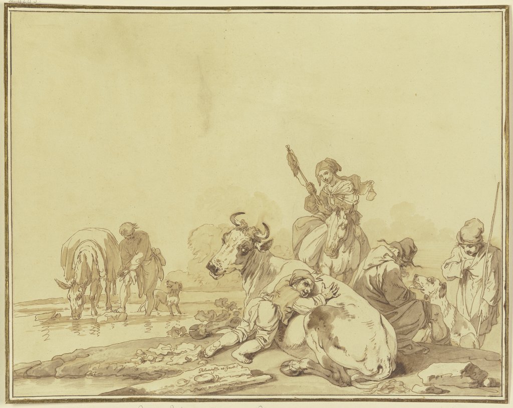Hirten an einem Wasser gelagert, ein Knabe liegt auf einer Kuh, eine Frau mit Spinnrocken zu Pferde, Pietro Palmieri d. Ä.