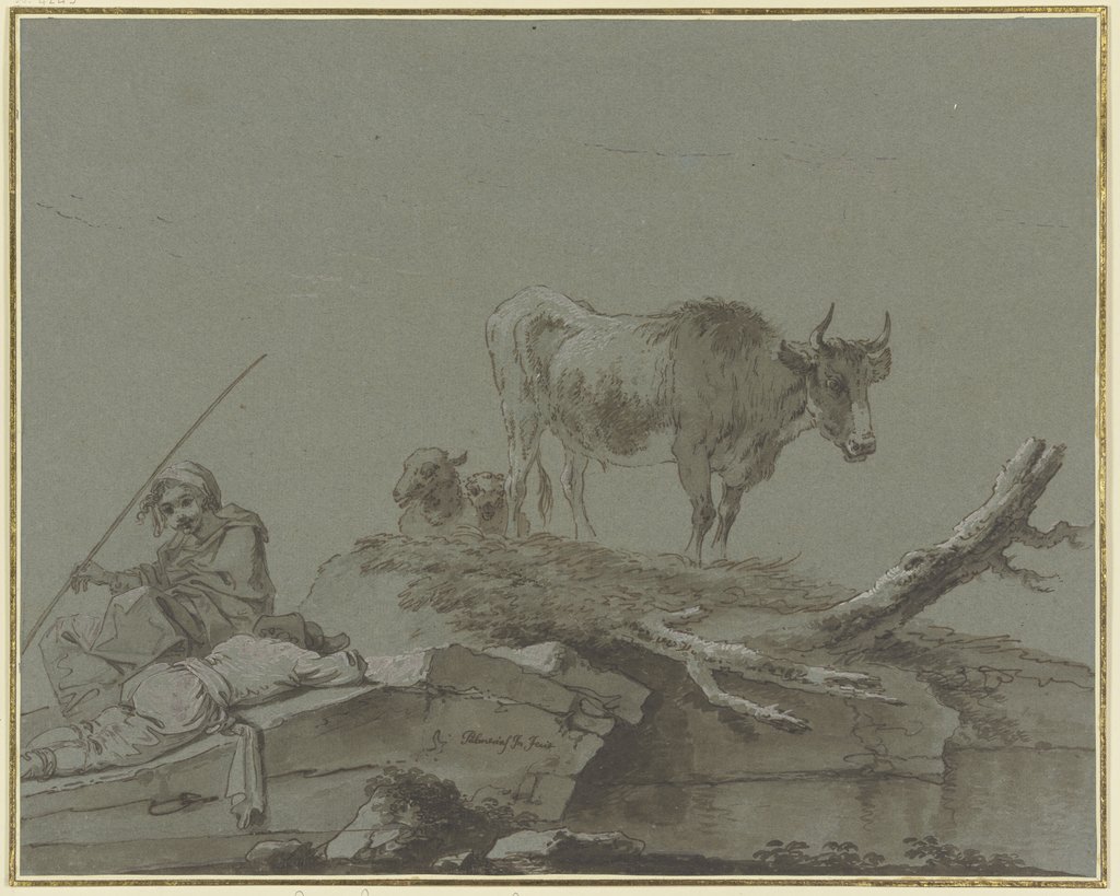 Zwei Hirten mit einer Kuh und zwei Schafen, Pietro Palmieri d. Ä.