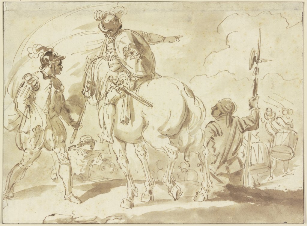 Ein Fahnenträger, ein Reiter und ein Helebardier, in der Ferne zwei Trommler, Pietro Palmieri the Elder