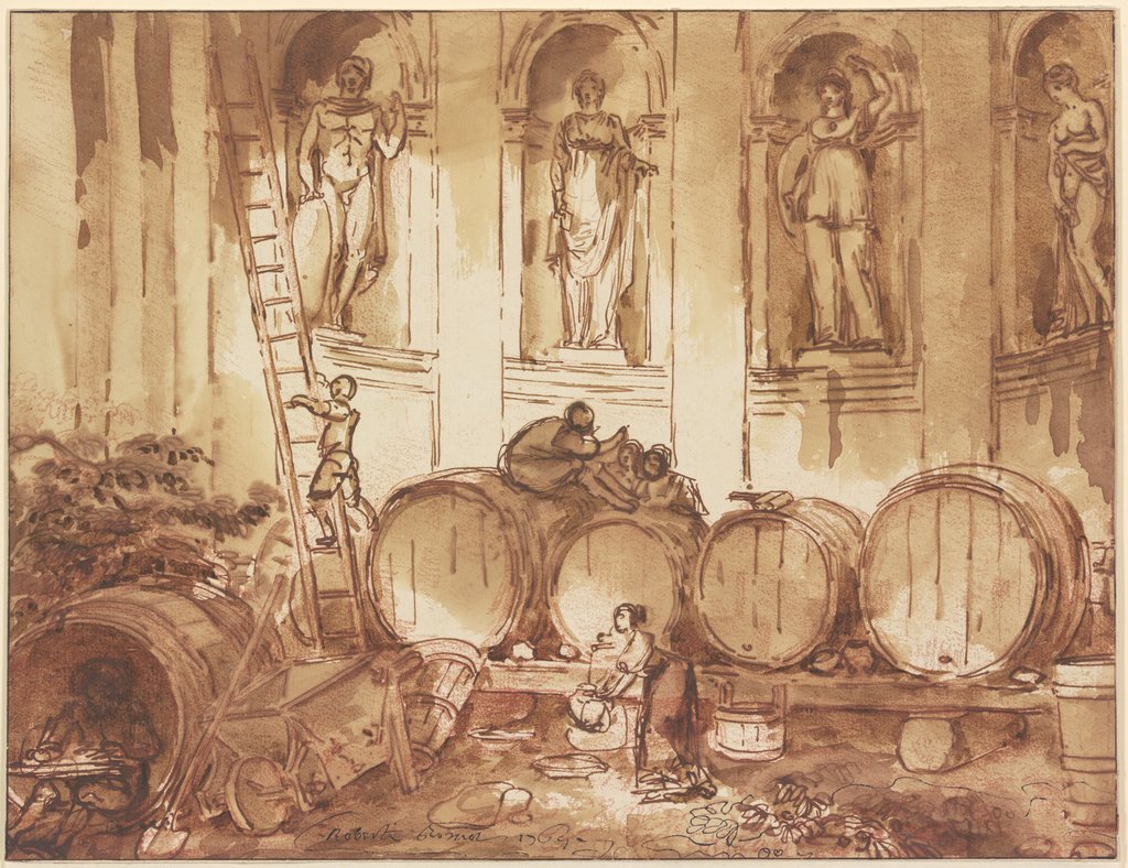 Weinlager in einer Nischenhalle mit vier Statuen antiker Gottheiten, Hubert Robert