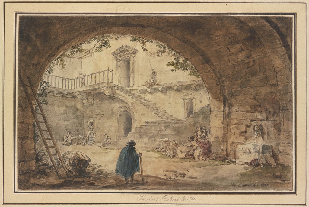 Gewölbe mit antikem Brunnen und Aussicht auf eine Treppe, Hubert Robert