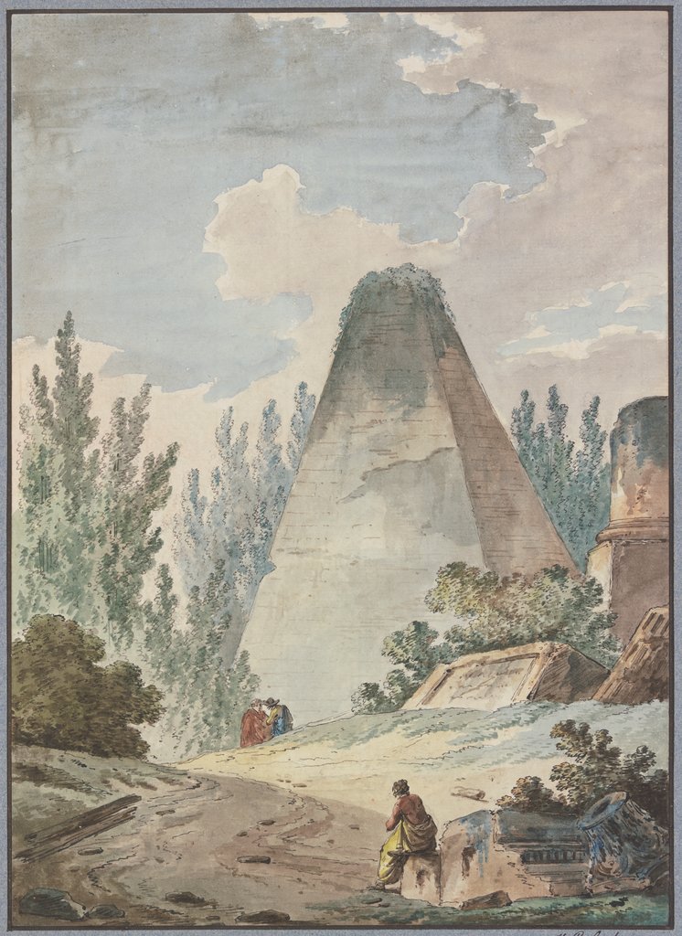 Pyramide mit abgebrochener Spitze in antiker Trümmerlandschaft, Hubert Robert