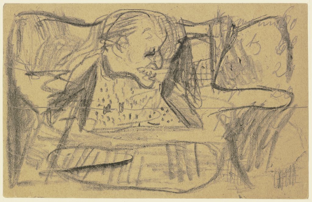 Abstrakte Krakelzeichnung auf zwei Seiten einer Feldpostkarte: Ein Männerkopf, Max Beckmann