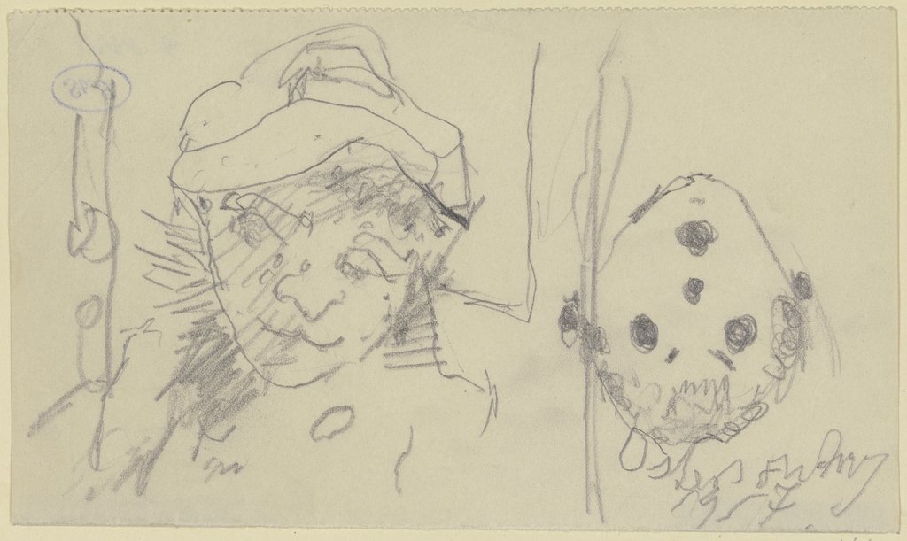 Kopf einer Frau mit Hut (Fridel Battenberg?) und karikiertes Frauengesicht (um 180° gedreht), Max Beckmann