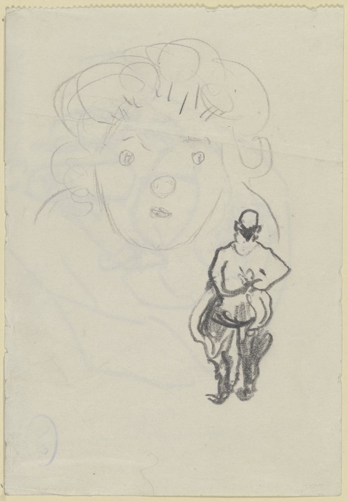 Ugi Battenberg als winzige Rückenfigur vor einem großen Kopf, en face, gestellt, Max Beckmann