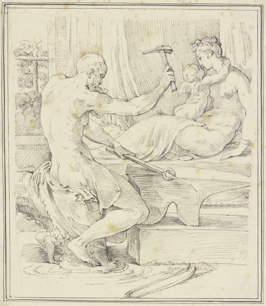 Venus und Amor in Vulkans Werkstatt, Italienisch, 16. Jahrhundert, nach Parmigianino