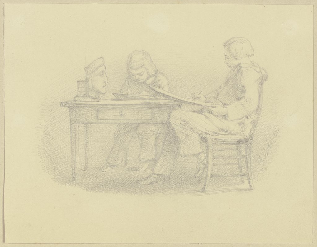 Zwei Knaben, eine Dantebüste zeichnend, Angilbert Göbel