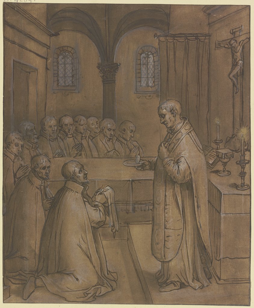 Ein vor dem Altar stehender Priester reicht mehreren knienden Männern die Hostie, Pordenone;   ?