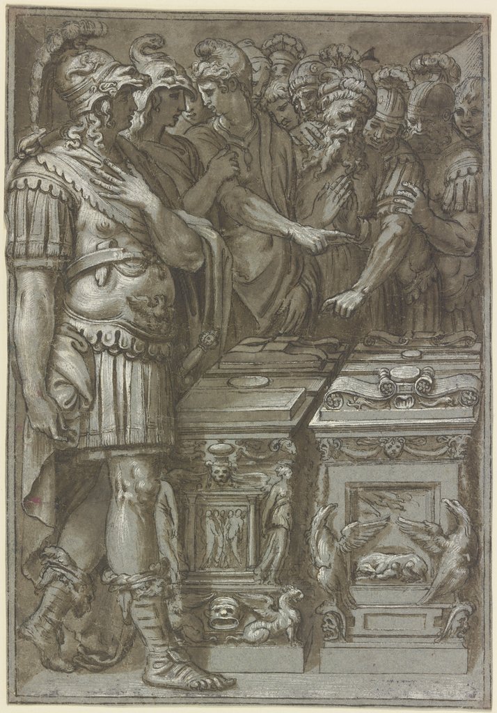 Alexander der Große mit vielen Personen bei zwei Altären stehend, Polidoro da Caravaggio;   ?, nach Perino del Vaga
