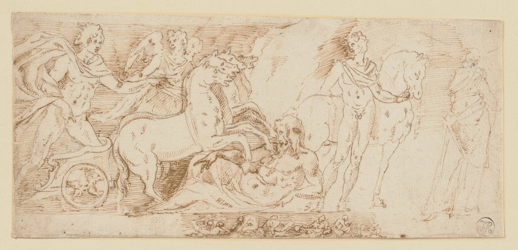 Aus den Mysterien von Eleusis (?), Apollo im vierspännigen Sonnenwagen, begleitet von Aurora, vor ihm ein liegender Flußgott (Ilisos?) sowie ein den Pilos tragender Dioskur (Pollux?) mit Pferd, desweiteren eine weibliche Gewandfigur (Demeter?), darunt...