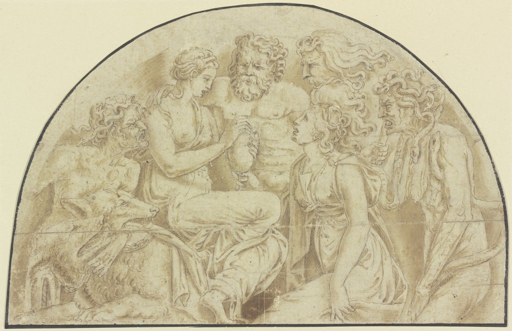 Psyche empfängt von Proserpina in der Unterwelt das mit Schönheit gefüllte Gefäß, Italienisch, 16. Jahrhundert, nach Giulio Romano