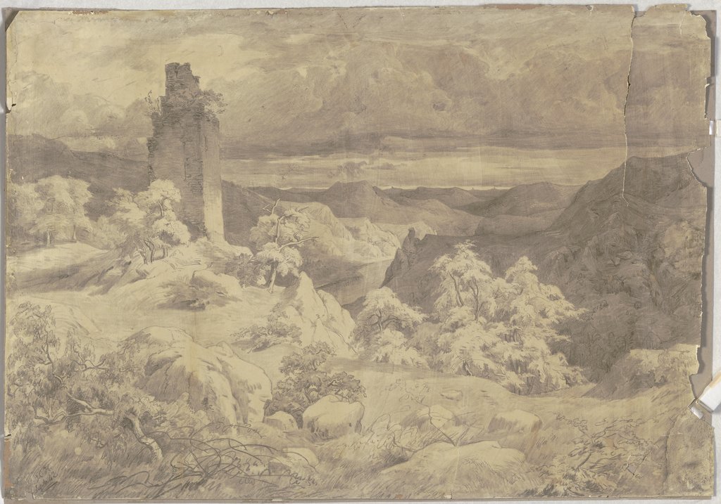 Hügelige Landschaft mit einer Turmruine, Christian Heerdt