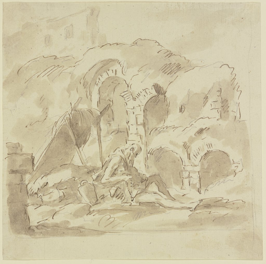 Sitzender Heiliger in einer Ruinenlandschaft (Hieronymus oder Hiob?), Italian, 18th century, Venetian, 18th century;   ?