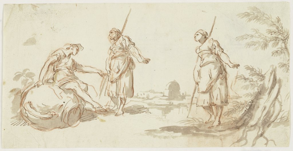 Junge Bäuerin mit Stab vor einem sitzenden Jüngling; rechts Wiederholung der Bäuerin, Venezianisch, 18. Jahrhundert