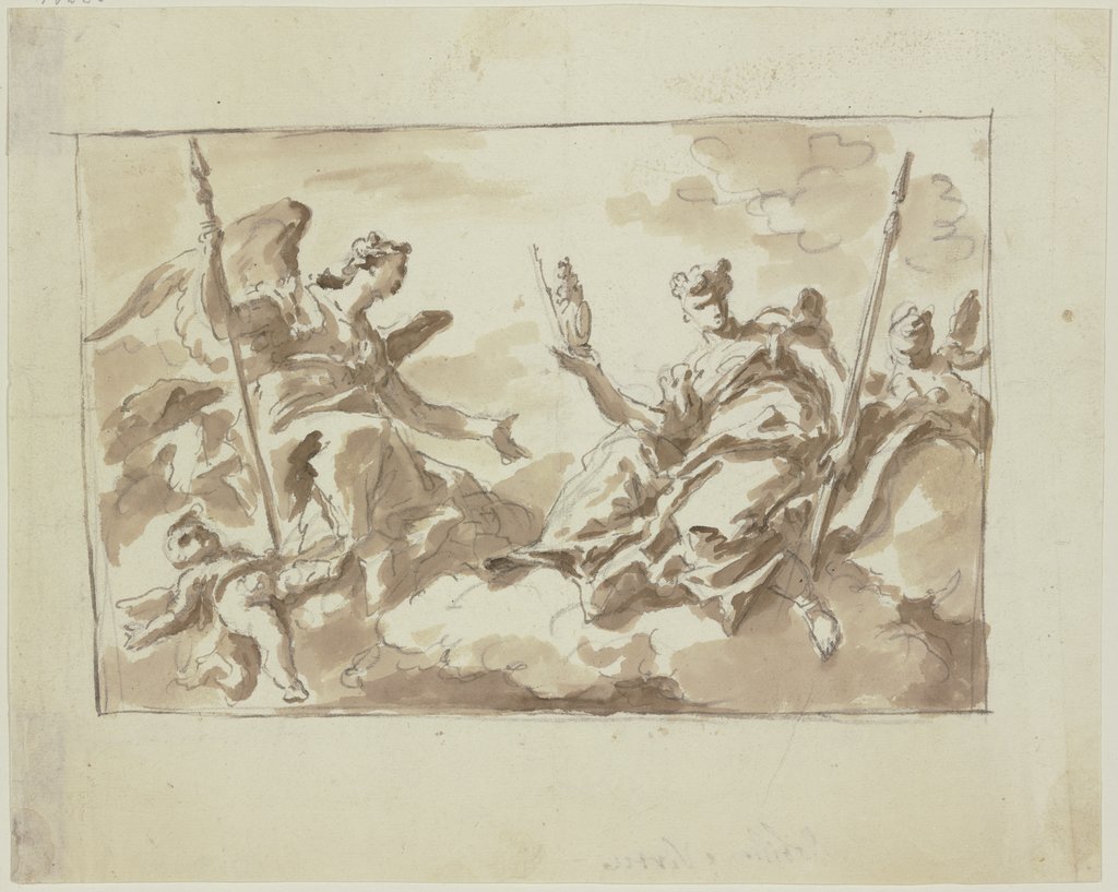 Zwei allegorische Frauenfiguren mit Putten auf Wolken (Virtù und Nobilità), Gaspare Diziani