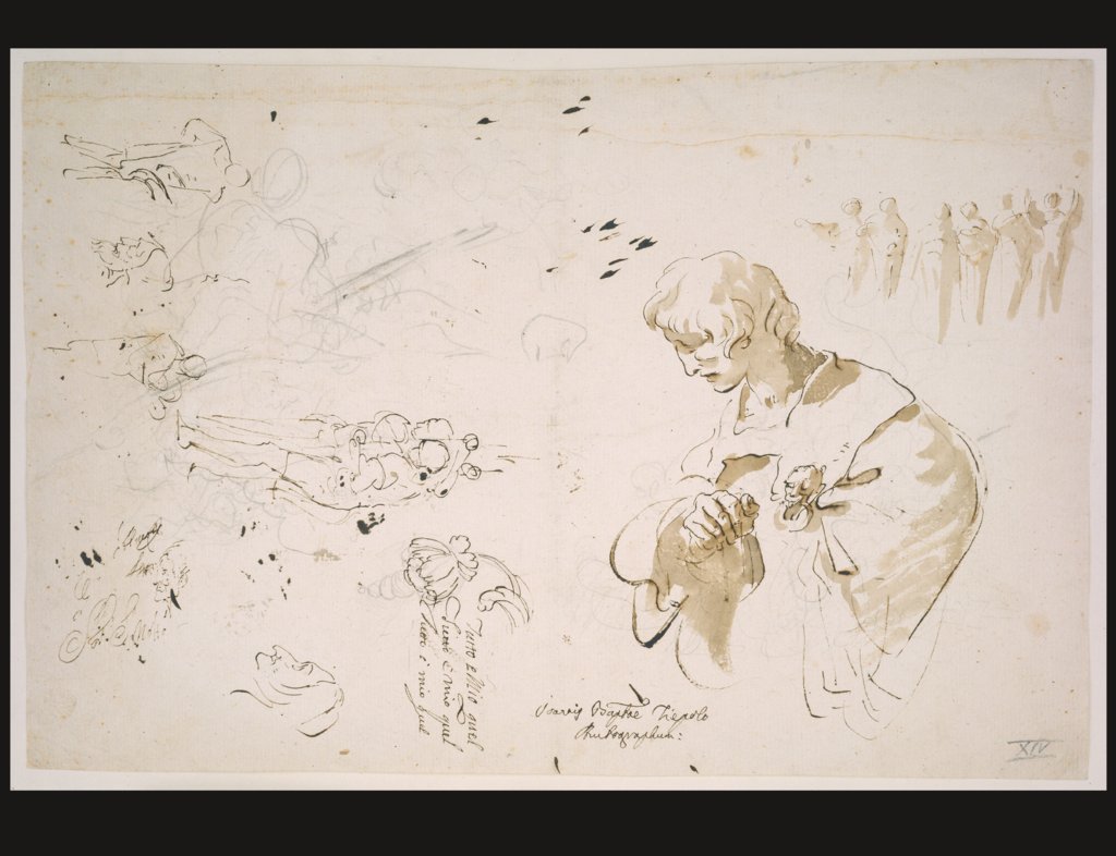 Studienblatt mit einem jungen Mann im Profil nach links, Figuren- und Kopfstudien, Giovanni Battista Tiepolo
