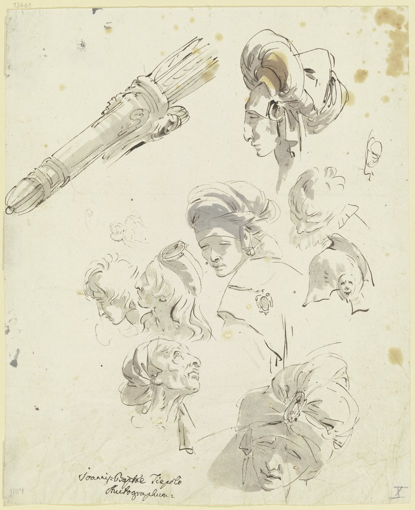 Verschiedene Köpfe von bartlosen Männern mit turbanartigem Kopfputz; links oben ein Köcher mit Pfeilen, Giovanni Battista Tiepolo