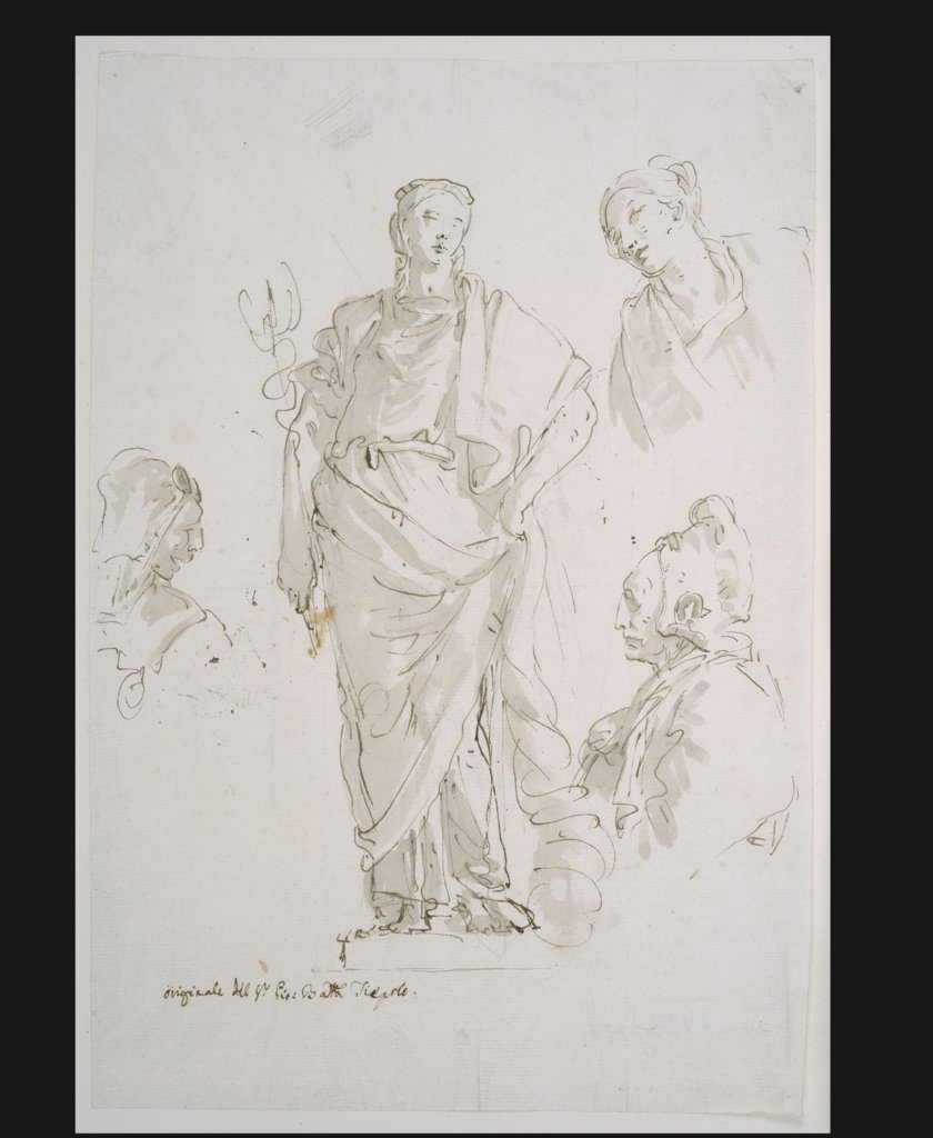 Stehende weibliche Figur auf einem Sockel und drei Kopfstudien, Giovanni Battista Tiepolo