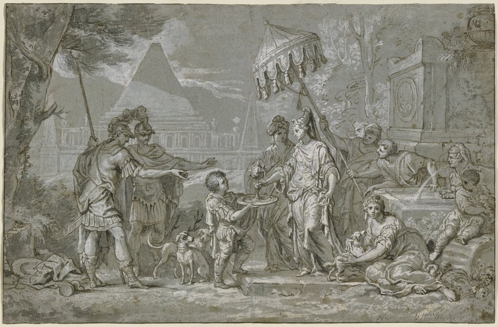Sophonisbe nimmt den Giftbecher (?); links zwei römische Krieger, im Hintergrund große Architektur im ägyptischen Stil, Nicolaes van Helt Stockade