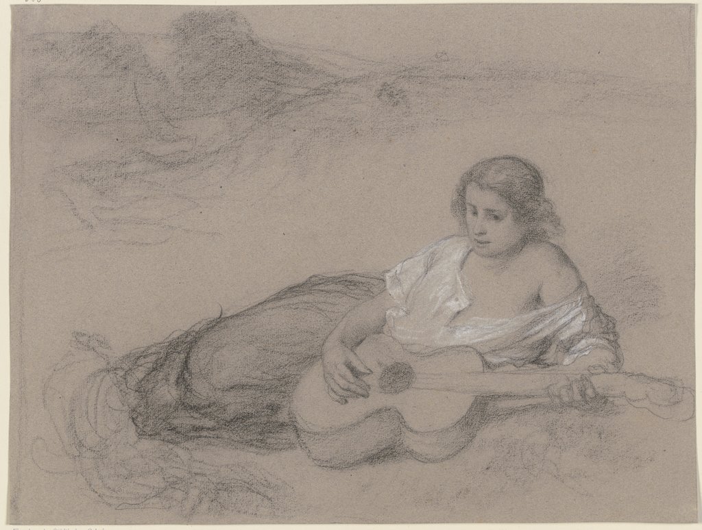 Lagernde junge Frau mit Gitarre, Friedrich Karl Hausmann