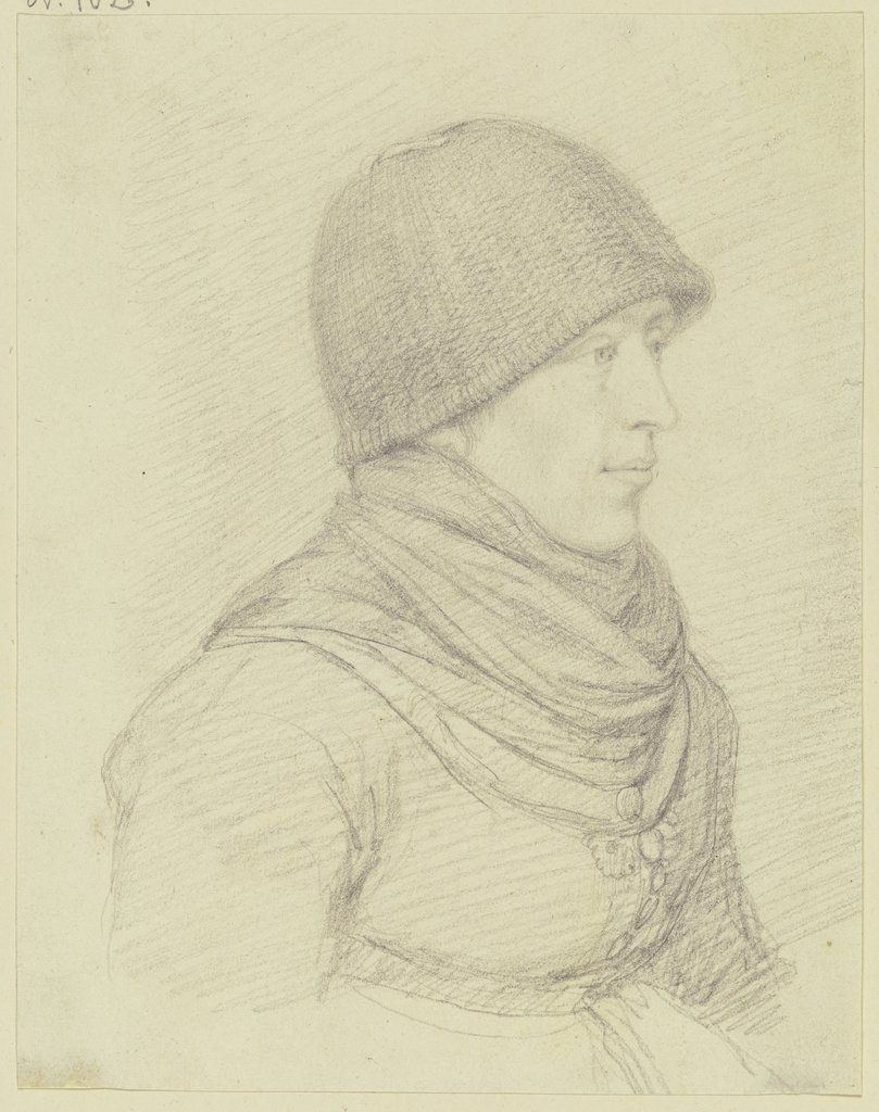 Porträt einer Bäuerin mit Wollmütze im Profil nach rechts, Peter von Hess