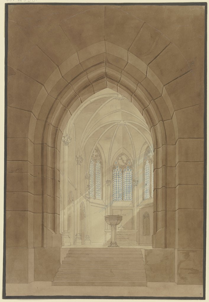 Chor einer gotischen Kirche mit Taufstein, Friedrich Maximilian Hessemer
