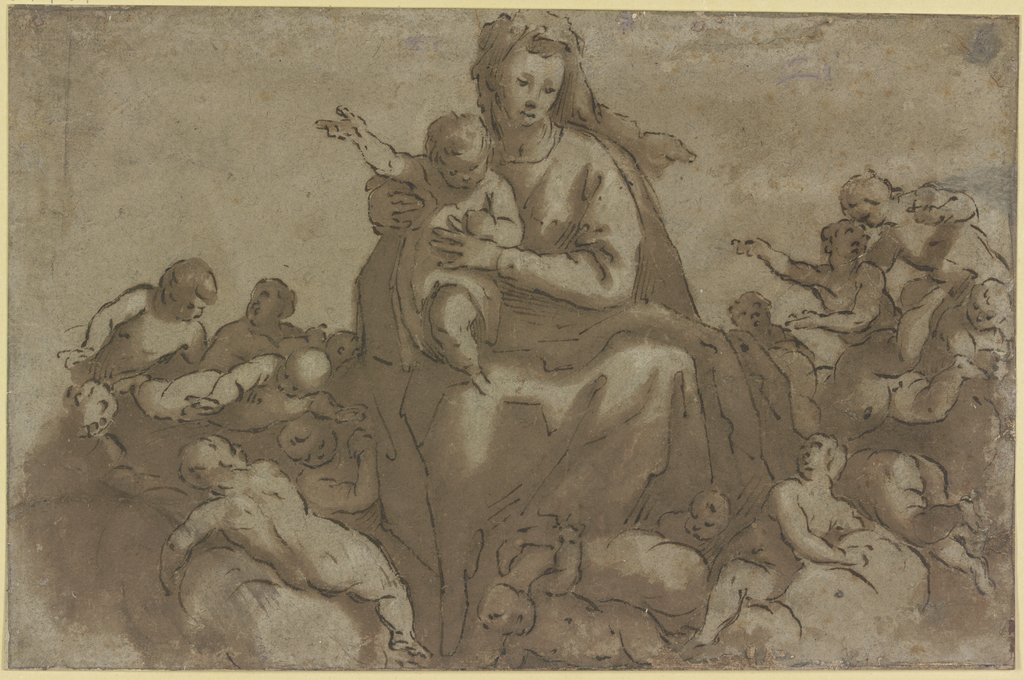 Madonna mit Kind in Wolken, von Engeln umgeben, Leonardo Corona