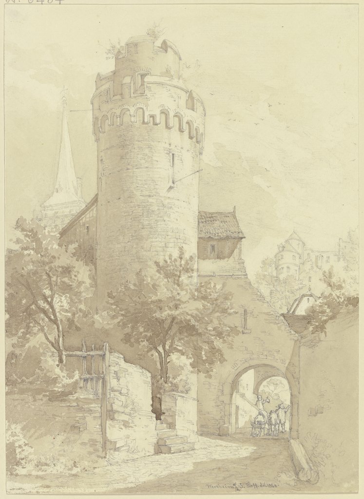 Roter Turm mit Faultor in Wertheim, links der Turm der Stiftskirche St. Marien, rechts im Hintergrund die Burg Wertheim, Johann Friedrich Hoff
