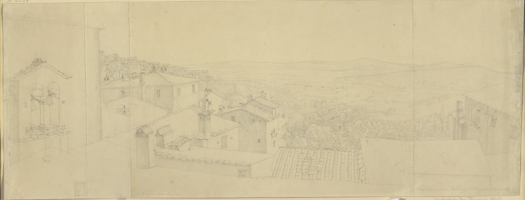 Aussicht von der Wohnung des Künstlers über die Dächer von Perugia mit dem Haus des Perugino, aus dessen Fenster ein Raucher blickt, Nikolaus Hoff