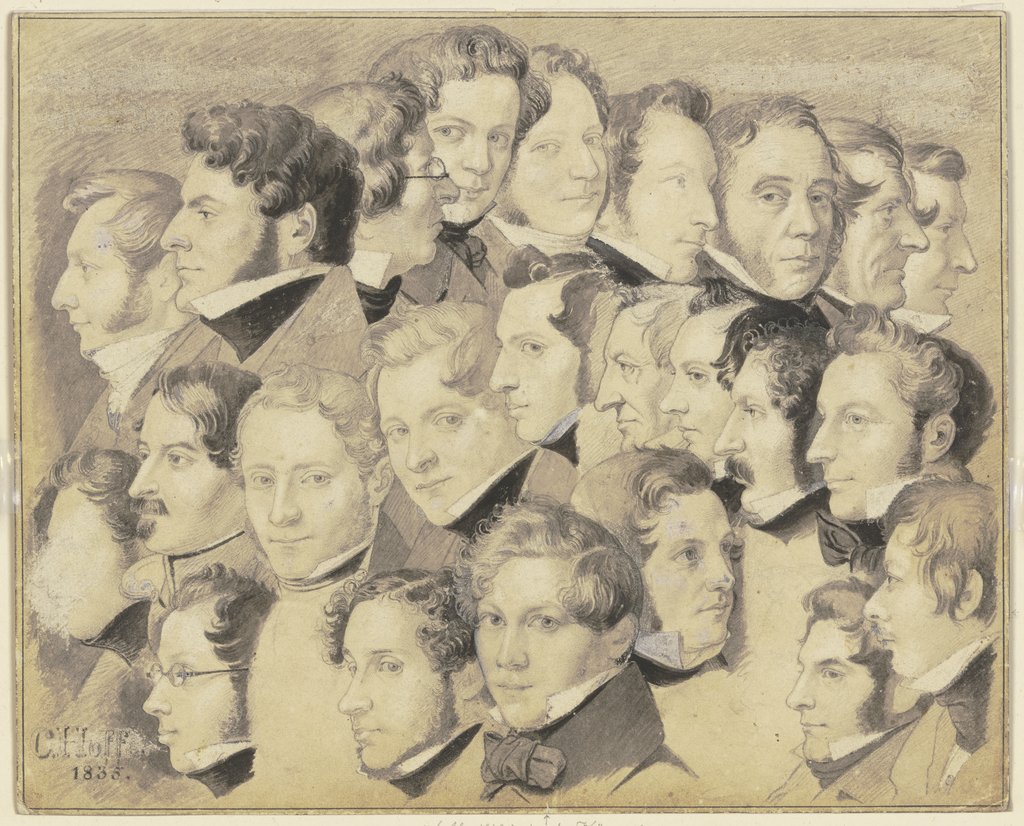 Stammgäste im Goldenen Pfau, 24 Köpfe, unten in der Mitte der Künstler selbst, Carl Hoff