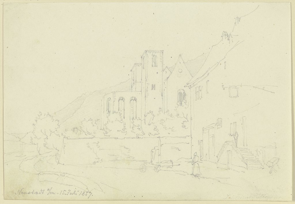 Neustadt am Main mit der Ruine der ehemaligen Benediktinerabteikirche nach dem Brand im selben Jahr, Johann Friedrich Hoff