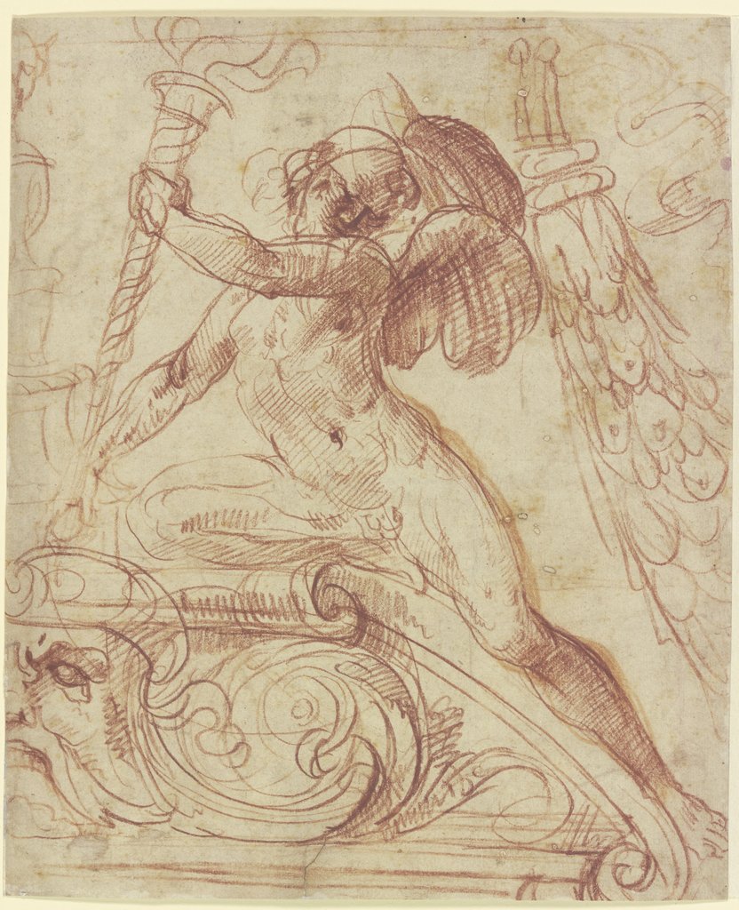 Putto mit brennender Fackel auf einem Rundgiebel kniend, Francesco Salviati;   ?