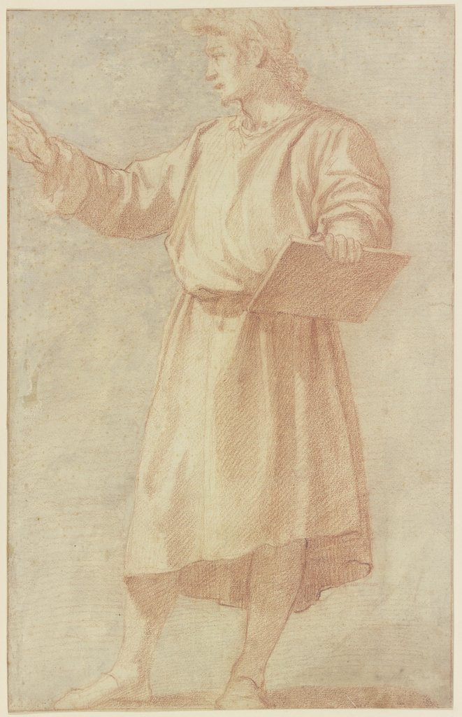 Stehender Mann nach links mit vorgestrecktem rechten Arm und einer Tafel mit der Linken in starker Verkürzung in die Hüfte gestemmt, Andrea del Sarto;   ?