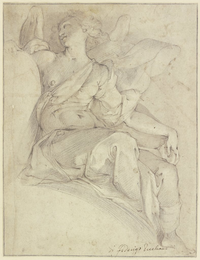 Engel mit entblößter Brust auf einem Rundgiebel sitzend, eine Wappenkartusche haltend, Federico Zuccari;   ?