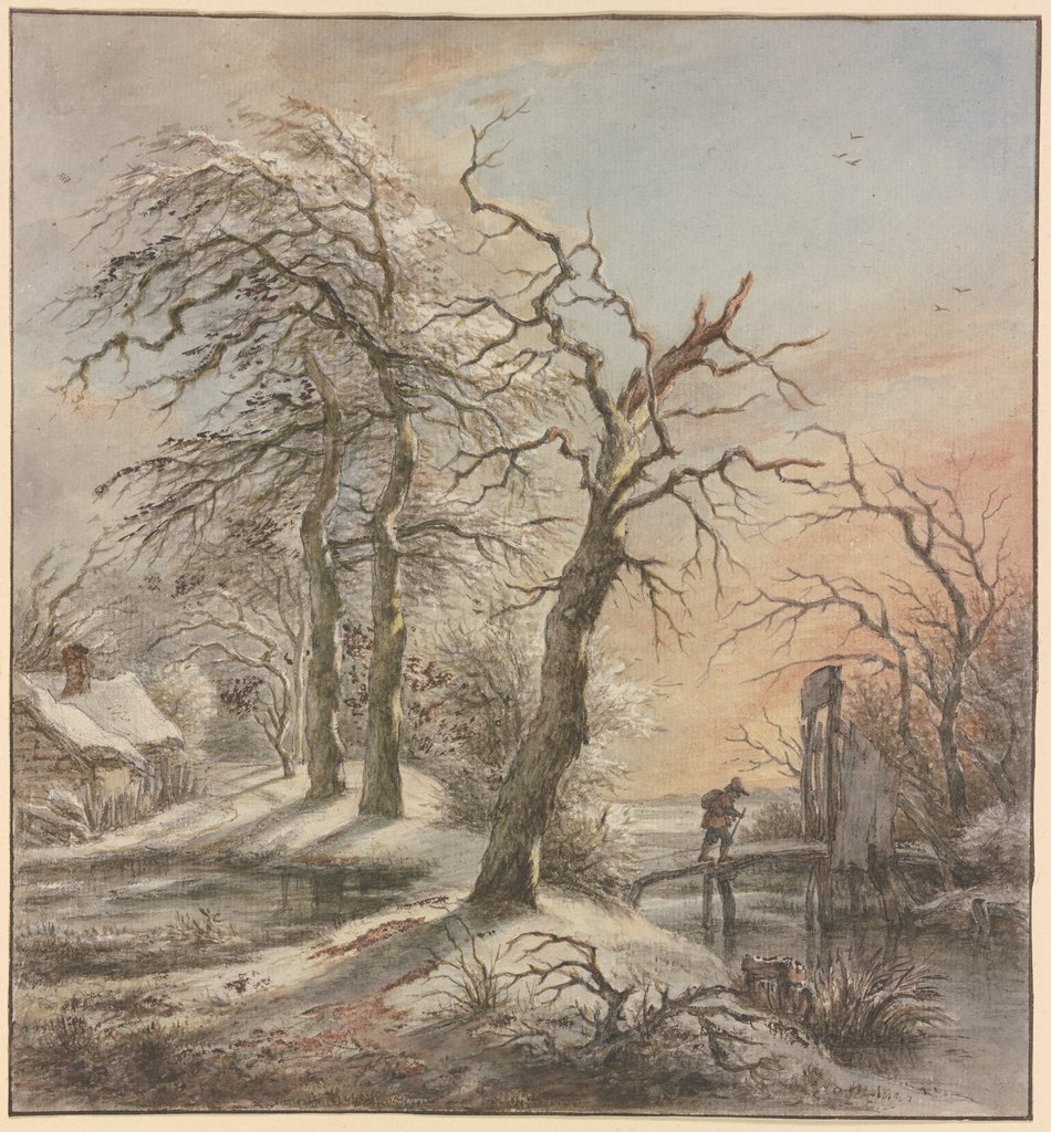 Winterlandschaft, ein Wanderer überquert auf einem Steg einen Bach, Jan Hulswit