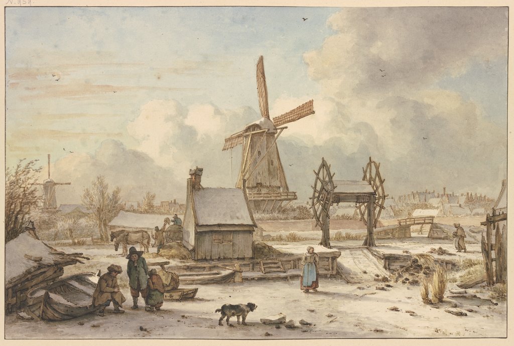 Winterlandschaft mit Schiffhebewerk und Windmühle, Jan Hulswit