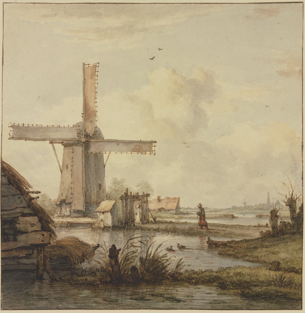 Windmühle vor einer Stadt mit hohem Turm, über einen abgegatterten Damm am Stock schreitend eine Frau, Jan Hulswit
