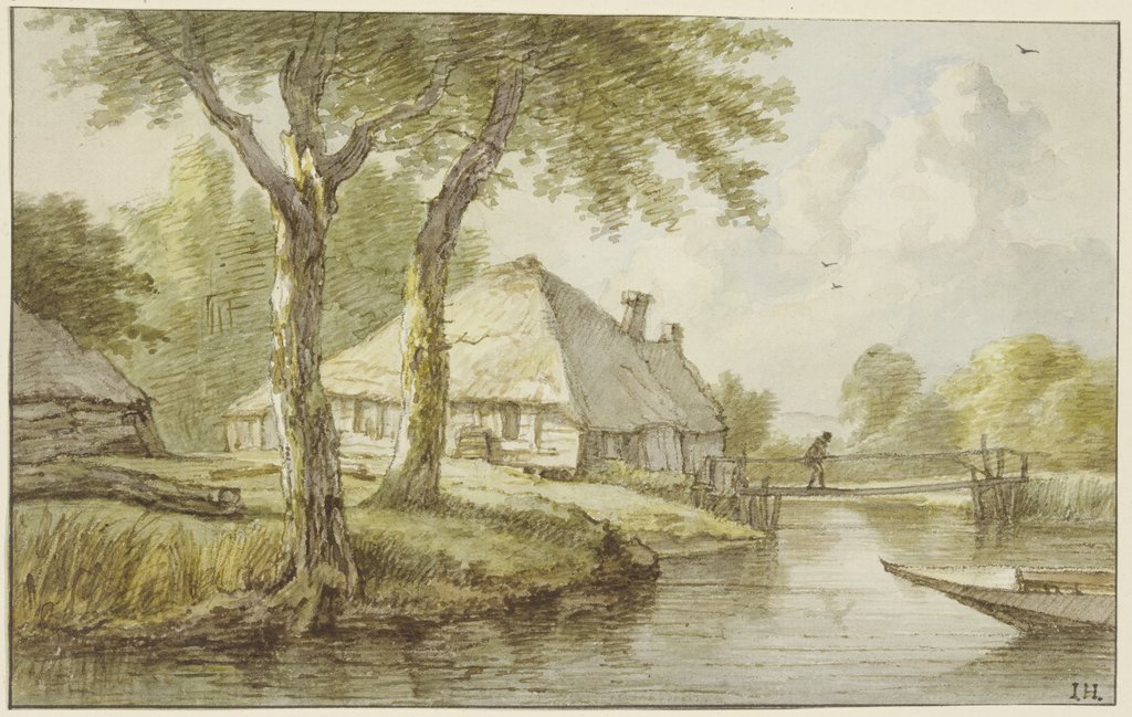 Bei zwei Bäumen ein Haus am Wasser, ein Steg, rechts die Spitze eines Kahnes, Jan Hulswit