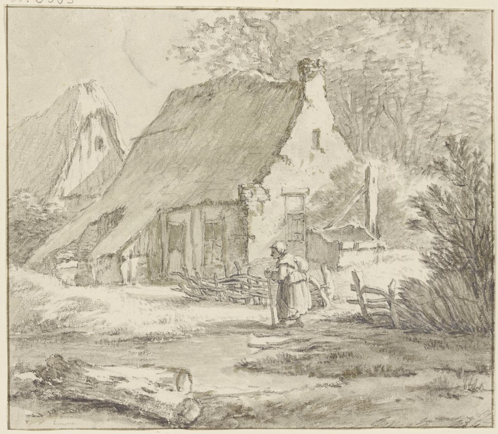 Bauernhäuser, davor ein altes Weib nach links sehend, vorne links zwei Baumstämme, Jan Hulswit